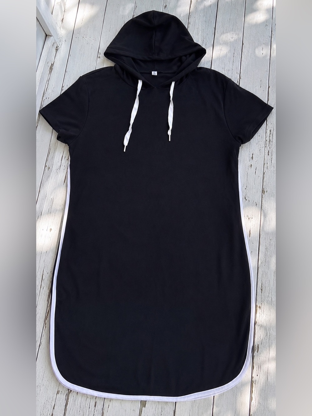 Womens XL Black Hooded Athleisure Dress White Trim Casual Lounge Sporty